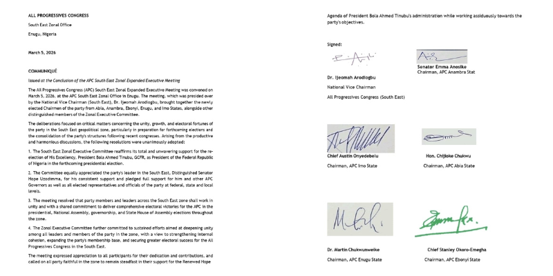 APC SOUTH EAST ZONE APPRECIATES GOVERNOR HOPE UZODIMMA FOR HIS CONSISTENT SUPPORT, UNANIMOUSLY ENDORSES PRESIDENT TINUBU FOR 2027 RE-ELECTION