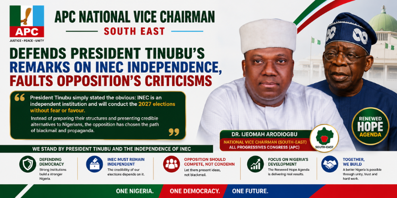 APC NATIONAL VICE CHAIRMAN DEFENDS PRESIDENT TINUBU’S REMARKS ON INEC INDEPENDENCE, FAULTS OPPOSITION’S CRITICISMS