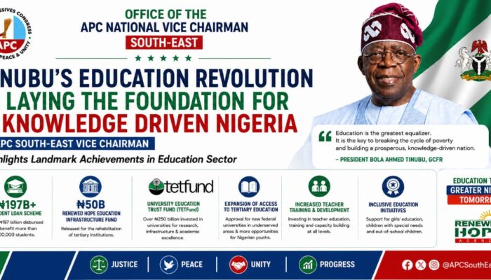 TINUBU'S EDUCATION REVOLUTION IS LAYING THE FOUNDATION FOR A KNOWLEDGE DRIVEN NIGERIA – APC SOUTH-EAST VICE CHAIRMAN Highlights Landmark Achievements in Education Sector
