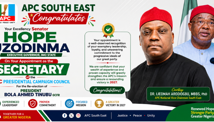 APC SOUTH EAST CONGRATULATES HOPE UZODINMA ON APPOINTMENT AS SECRETARY OF APC PRESIDENTIAL CAMPAIGN COUNCIL