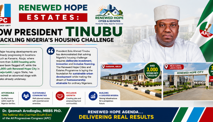 RENEWED HOPE ESTATES: HOW PRESIDENT TINUBU IS TACKLING NIGERIA'S HOUSING CHALLENGE – DR. IJEOMAH ARODIOGBU