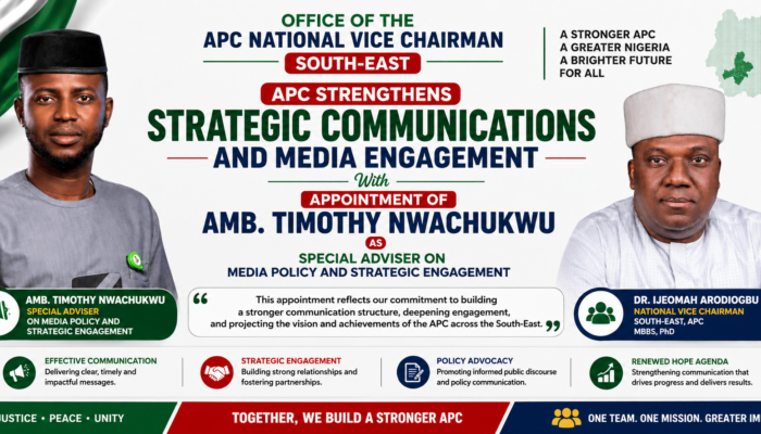 APC National Vice Chairman, South-East, Dr. Ijeomah Arodiogbu Strengthens Strategic Communications with Appointment of Amb. Timothy Nwachukwu as Special Adviser on Media Policy and Strategic Engagement