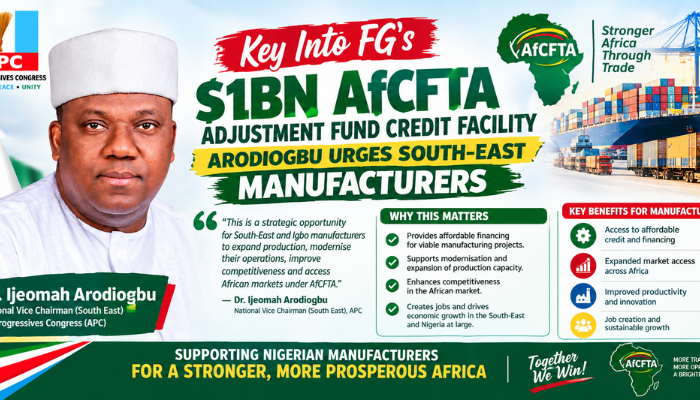 Key Into FG’s $1bn AfCFTA Adjustment Fund Credit Facility, Arodiogbu Urges South-East Manufacturers