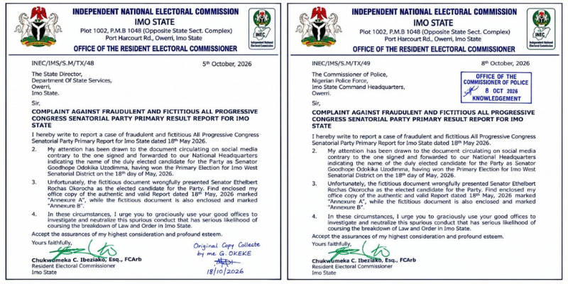 two letters dated October 5 and October 8, 2026, respectively,