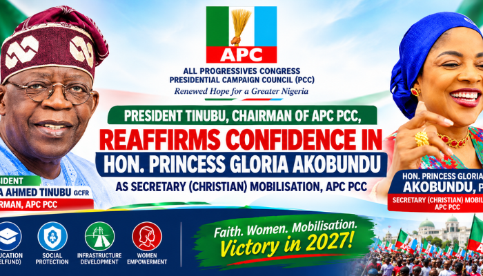 AGAIN: President Tinubu, Chairman of APC PCC, Reaffirms Confidence in Hon. Princess Gloria Akobundu as Secretary (Christian) Mobilisation, APC PCC