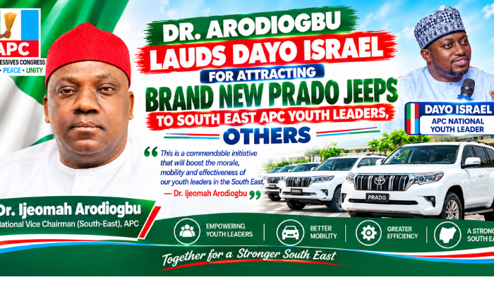 DR. ARODIOGBU LAUDS DAYO ISRAEL FOR ATTRACTING BRAND NEW PRADO JEEPS TO SOUTH EAST APC YOUTH LEADERS, OTHERS