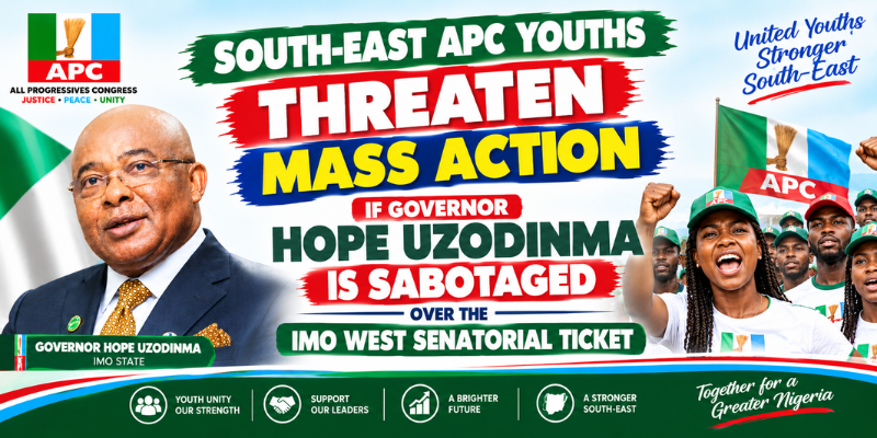 South-East APC Youths Threaten Mass Action if Governor Hope Uzodinma is Sabotaged Over Imo West Senatorial Ticket